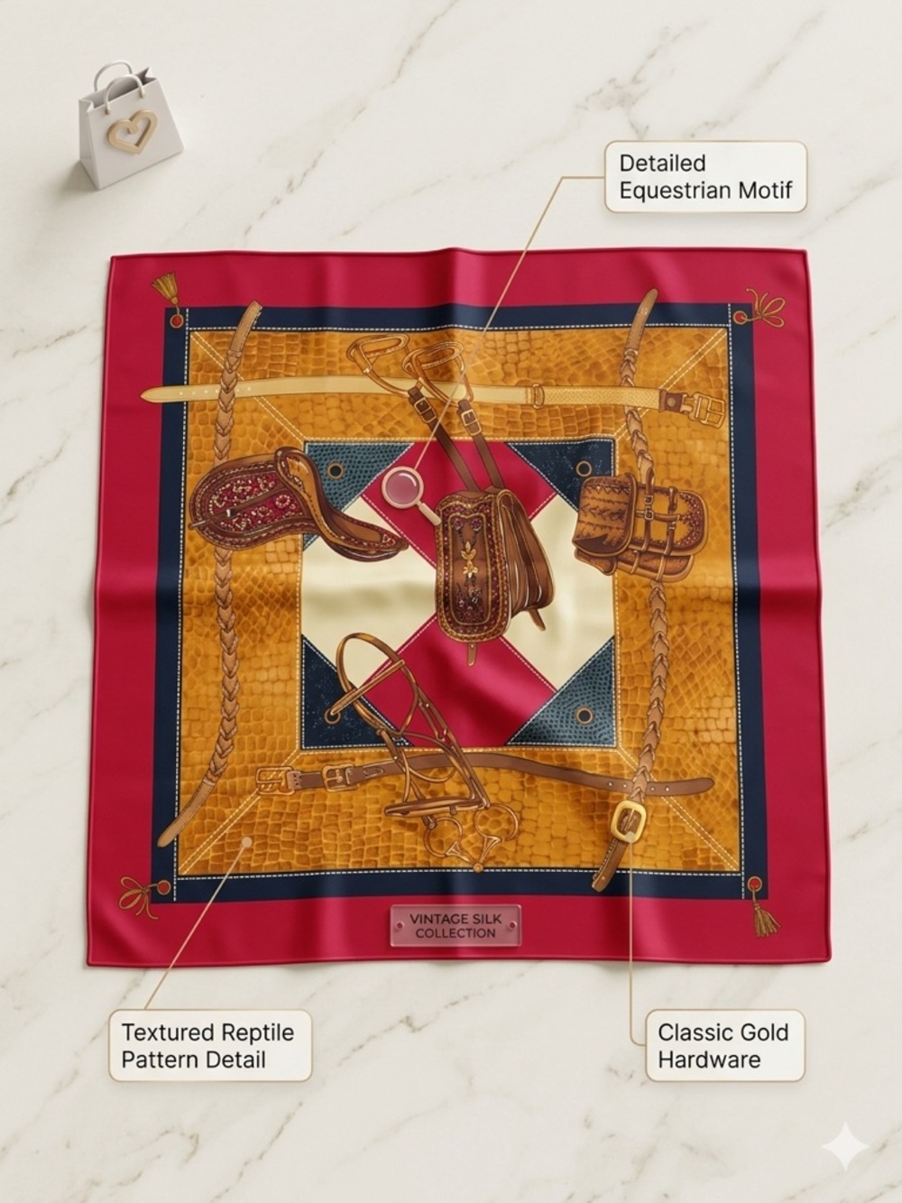 NWT Vintage Talbots Equestrian Motif Silk Scarf - 27” x 27”